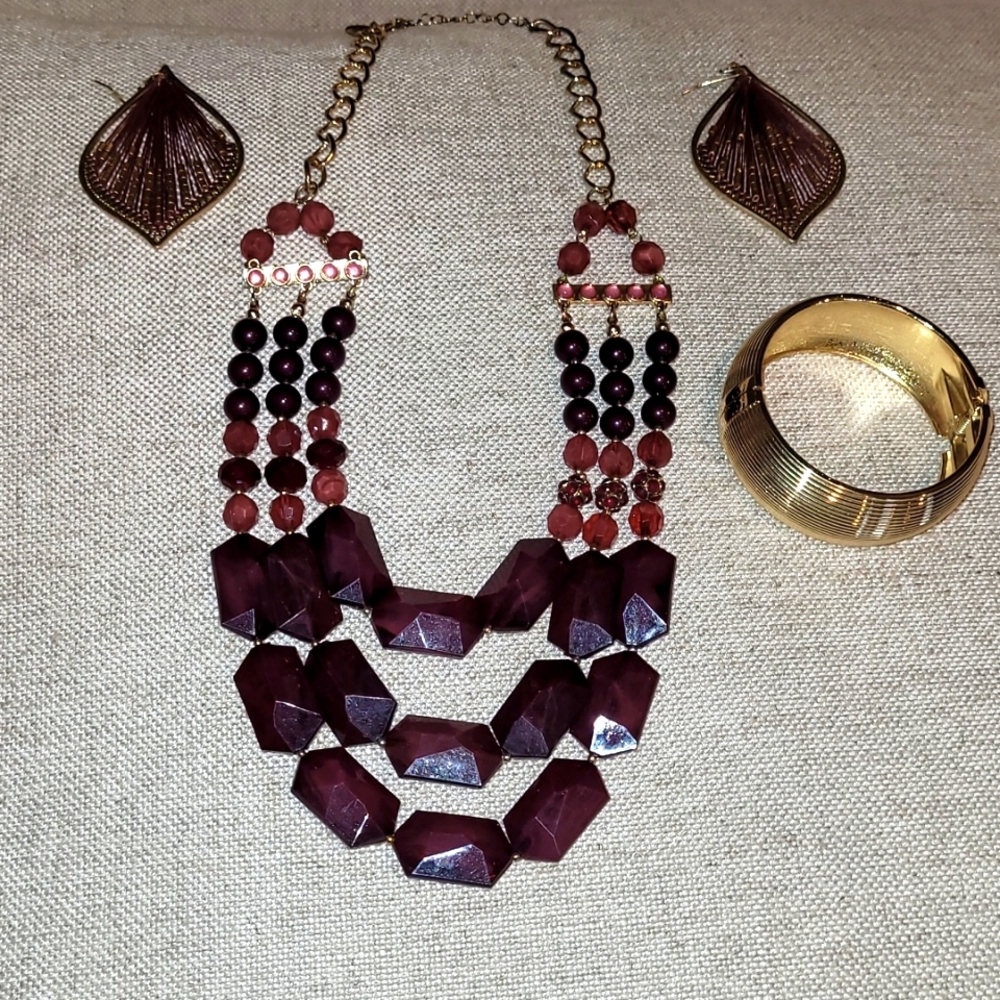 Beautiful deep burgundy jewelry necklace, earrings and cuff